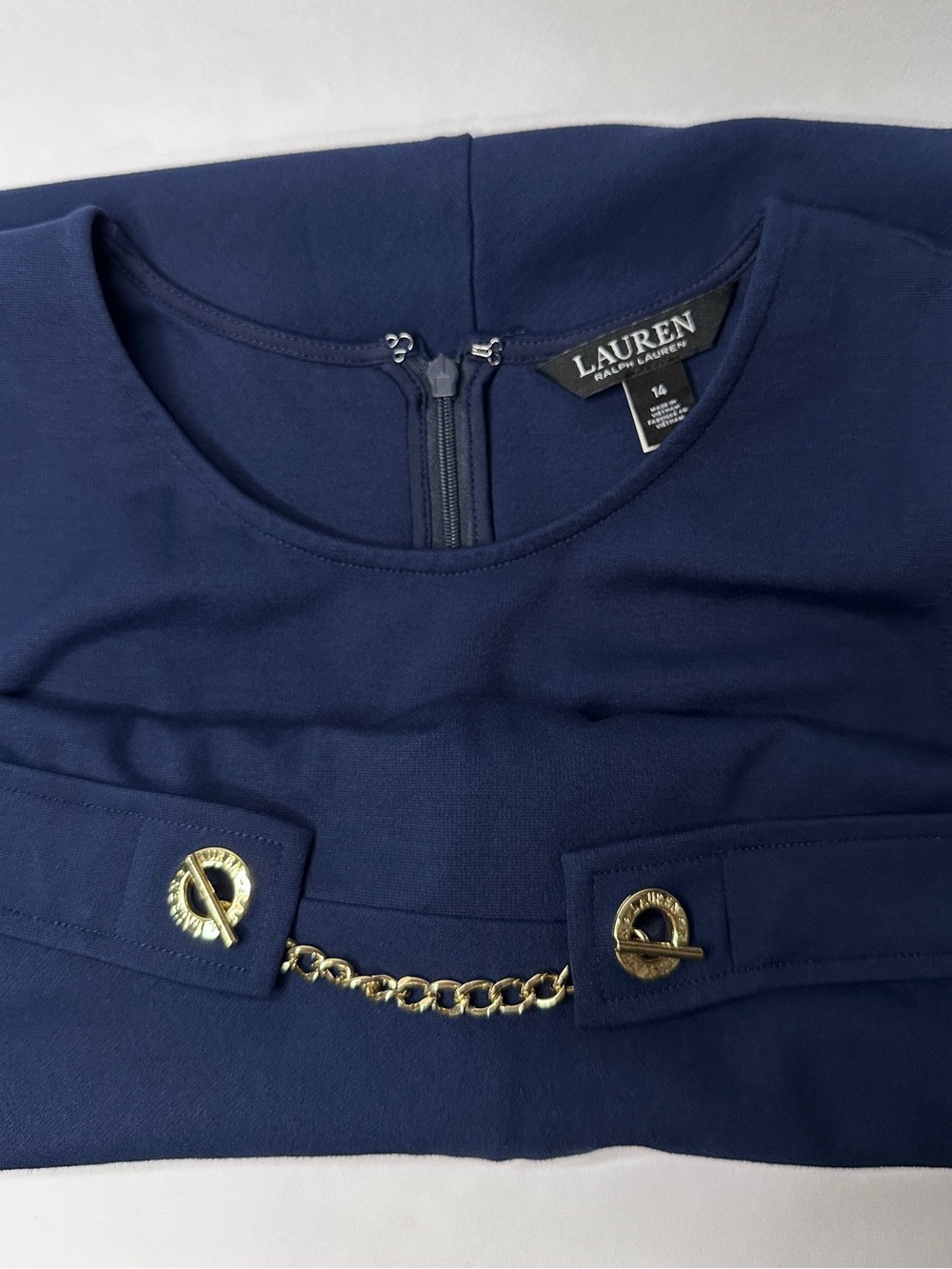 Lauren Ralph Lauren Navy Ponte Fit & Flare Chain Waist Dress Size 14